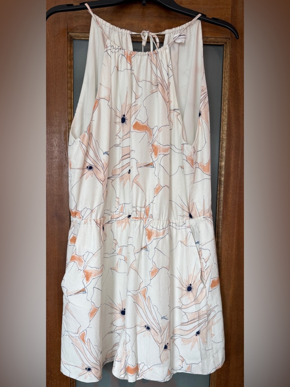 Club Monaco Women’s Floral Romper Plunge Back w Tie Peach/White Elastic Waist